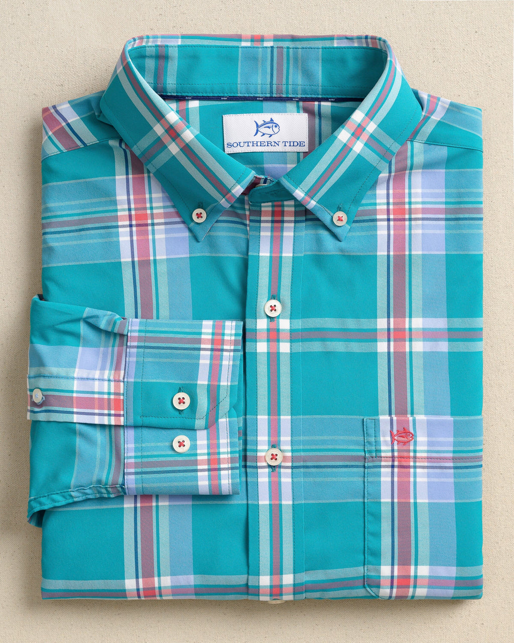The front view of the Southern Tide Greenview Plaid Intercoastal Long Sleeve Sport Shirt by Southern Tide - Spruce Shade