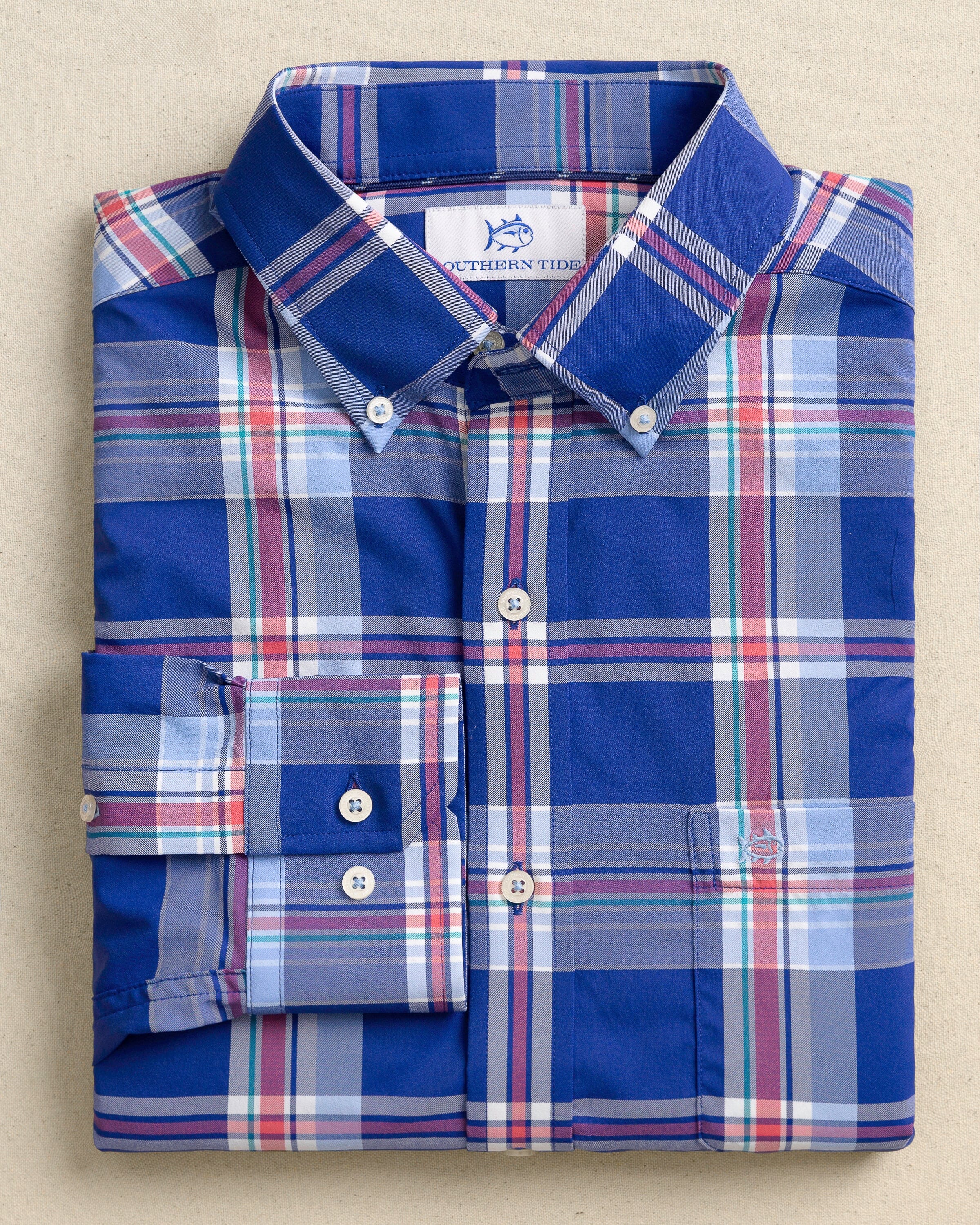 The front view of the Southern Tide Greenview Plaid Intercoastal Long Sleeve Sport Shirt by Southern Tide - Surf Blue
